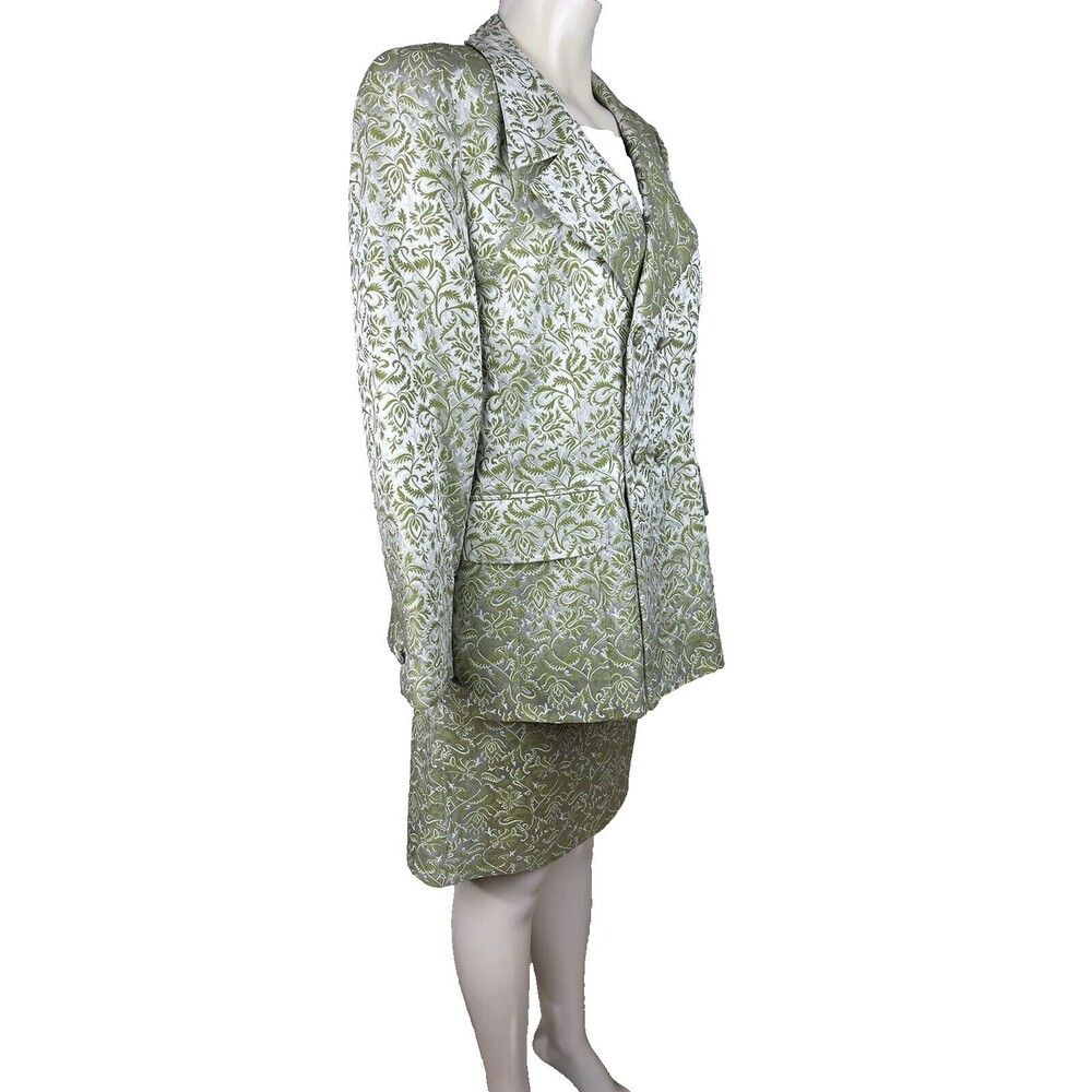 Escada Couture Silver Jacquard Skirt Suit Women’s Size 42 Green White Germany